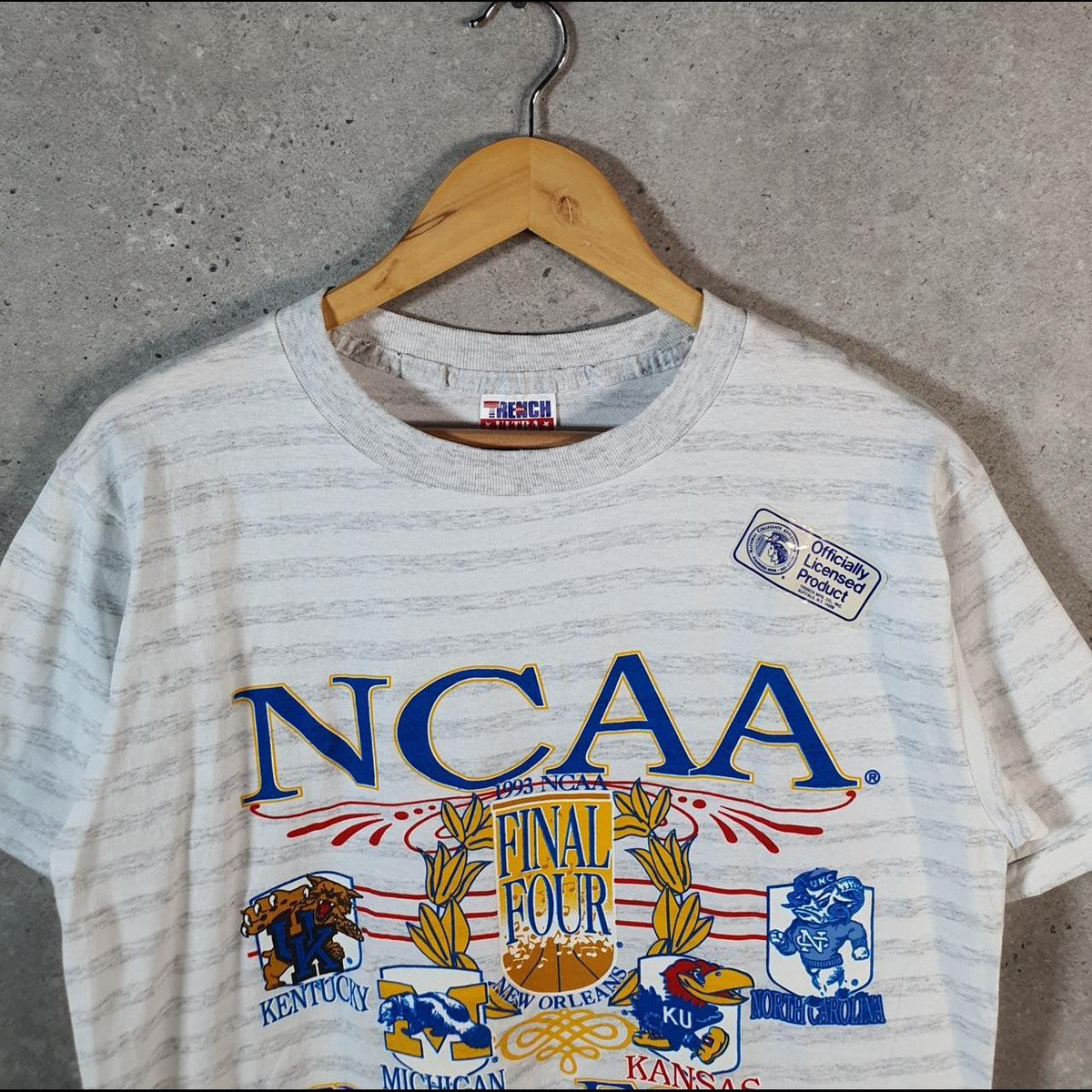 Vintage Trench NCAA Final Four 1993 New Orleans Single Stitch T Shirt Men’s Medium Grey Striped