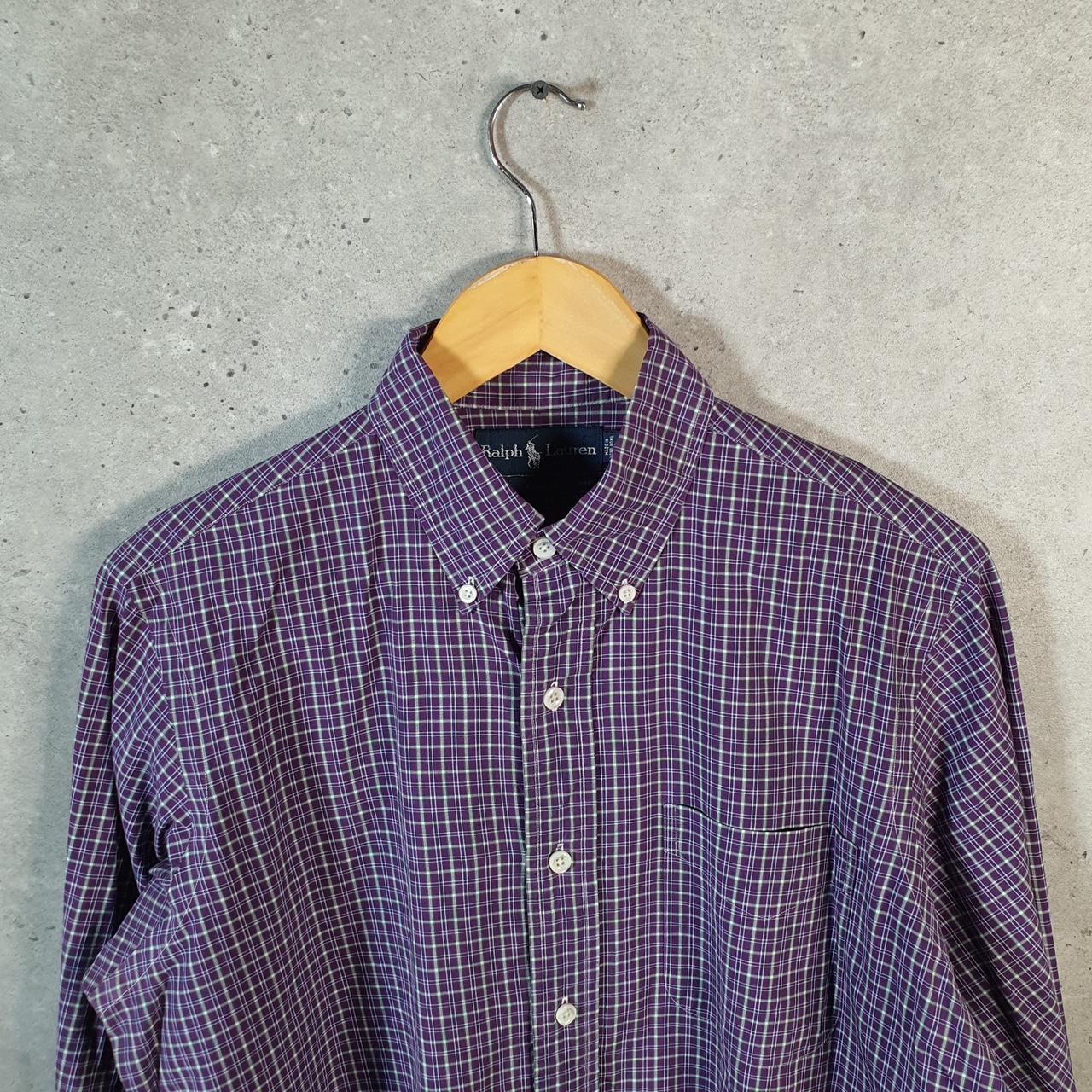 Vintage Ralph Lauren Button Down Shirt Men’s Medium Purple Checkered Custom Fit Cotton Pocket Big Fish Vintage