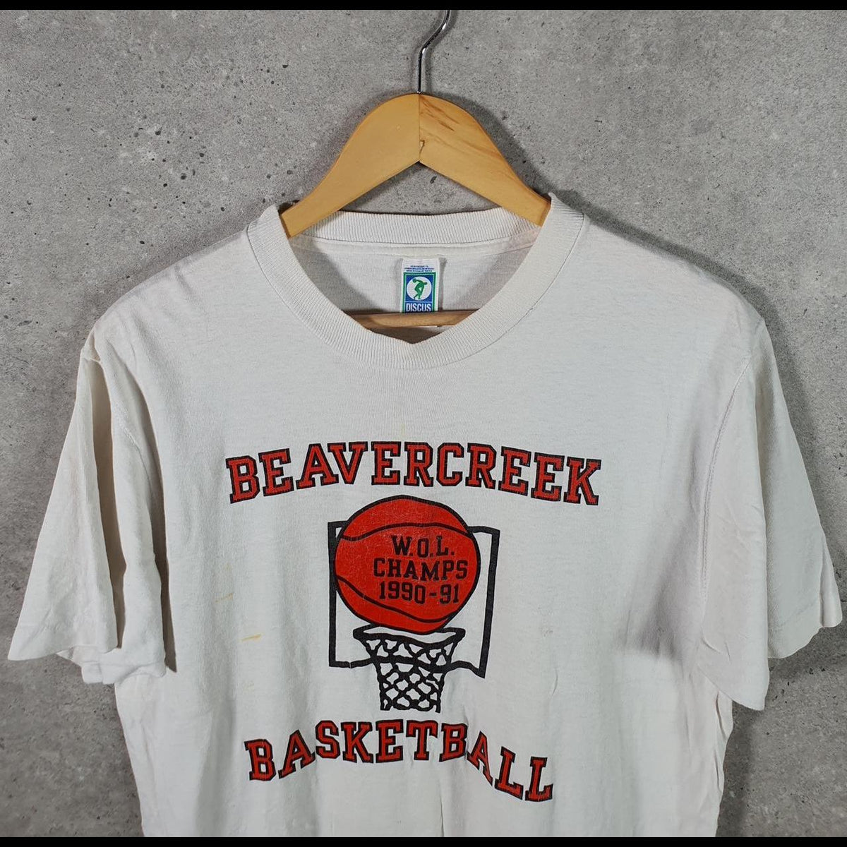 Vintage Discuss Athletics Beavercreek 1991 Basketball 90s USA Single Stitch T Shirt Men’s Large White