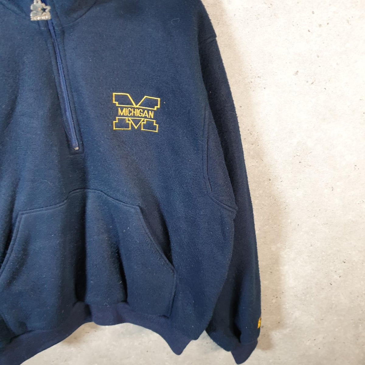 Vintage Starter 90s Korea Michigan 1/4 Zip Fleece Sweatshirt Mens XL Navy Blue Logo