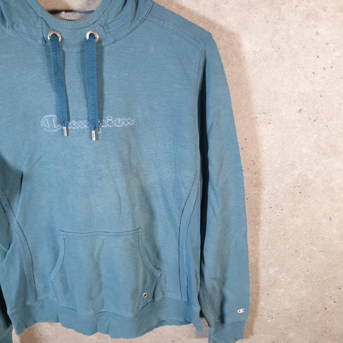 Vintage Champion Hoodie Womens Medium Blue Spellout Logo Pullover