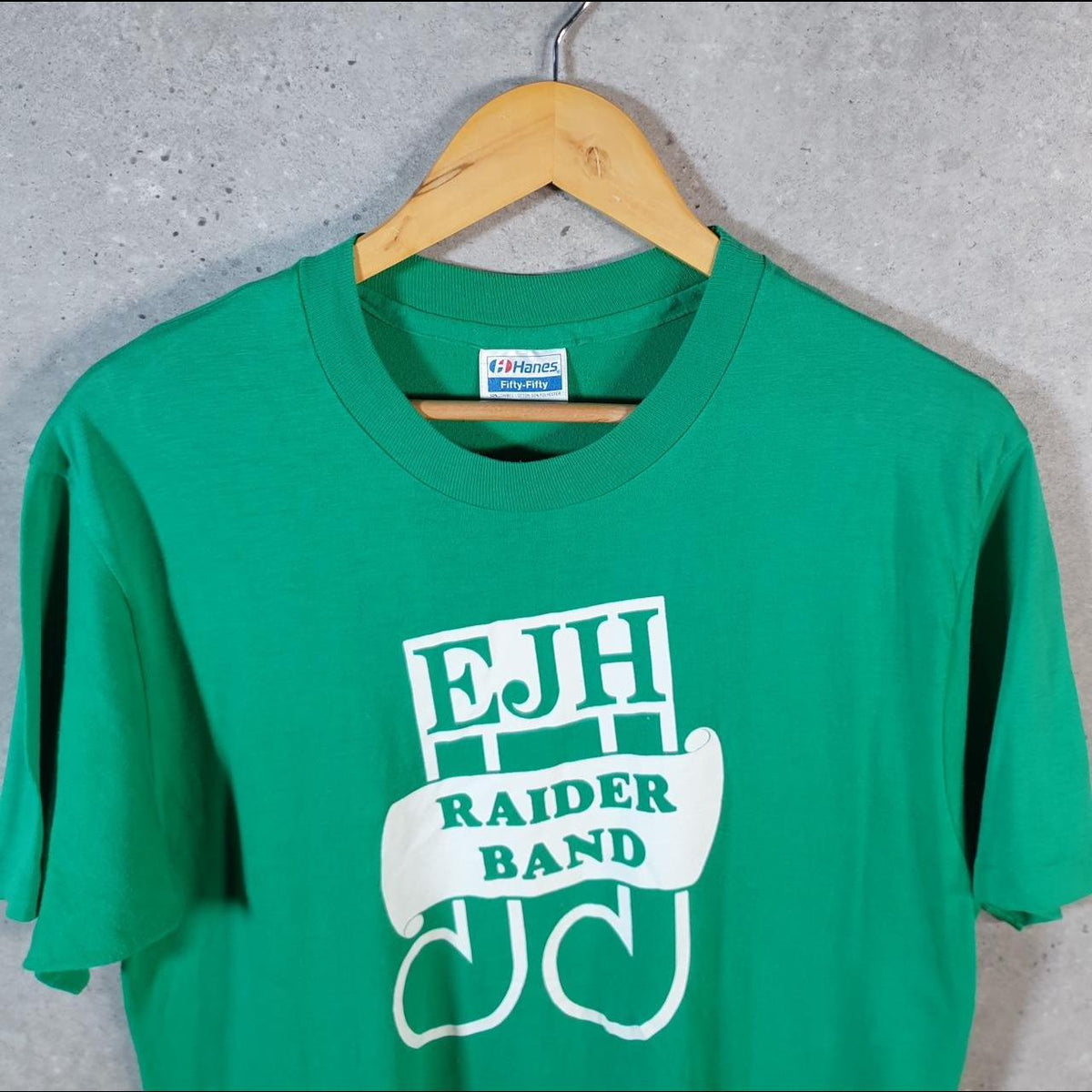 Vintage Hanes EJH Raider Band 90s USA Single Stitch T Shirt Men’s Large Green C8068