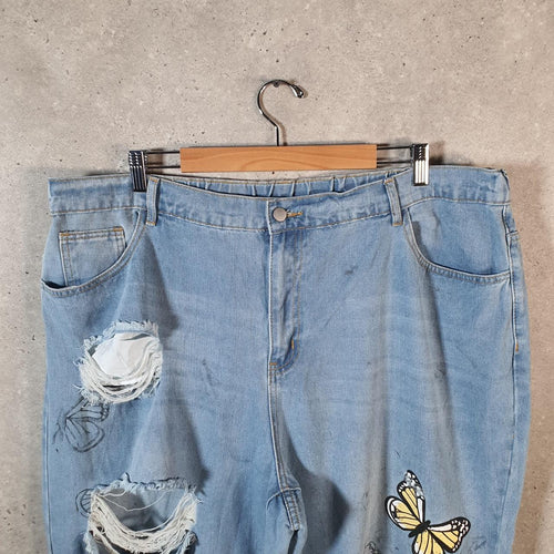Shein Curvy Butterfly Graphic Y2K Hip Hop Jeans Womens 4XL Blue Denim USA Big Fish Vintage
