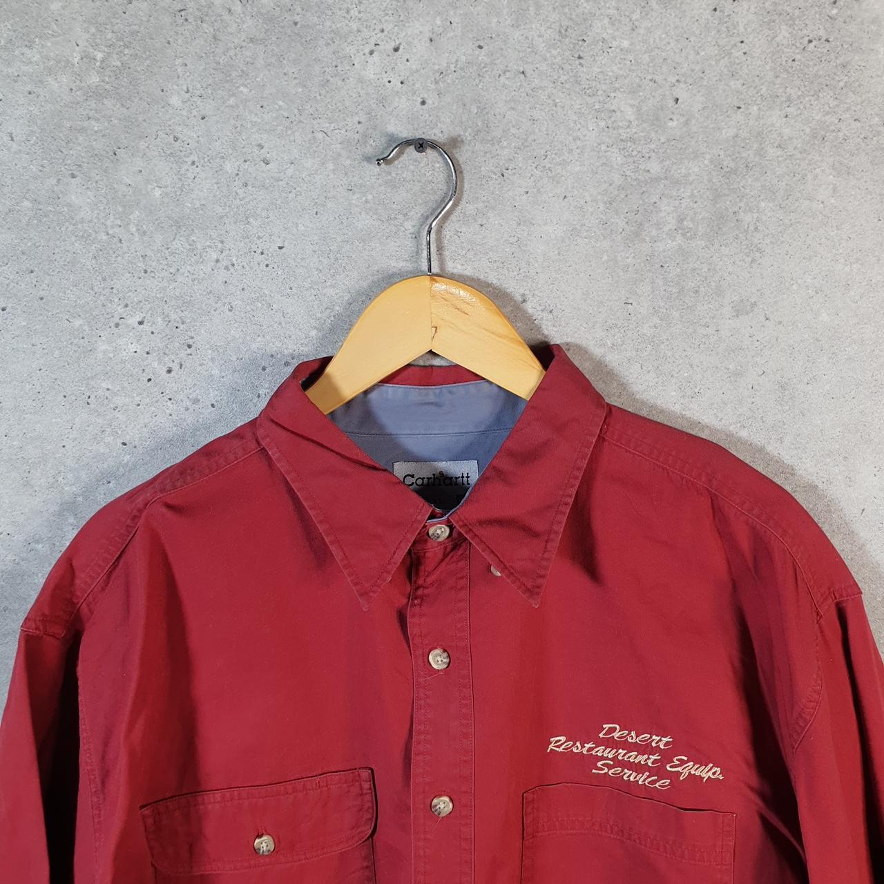 Vintage Carhartt Shirt Button Down Mens XL Burgundy Red Short Sleeve Chore Utility Relaxed - Big Fish Vintage