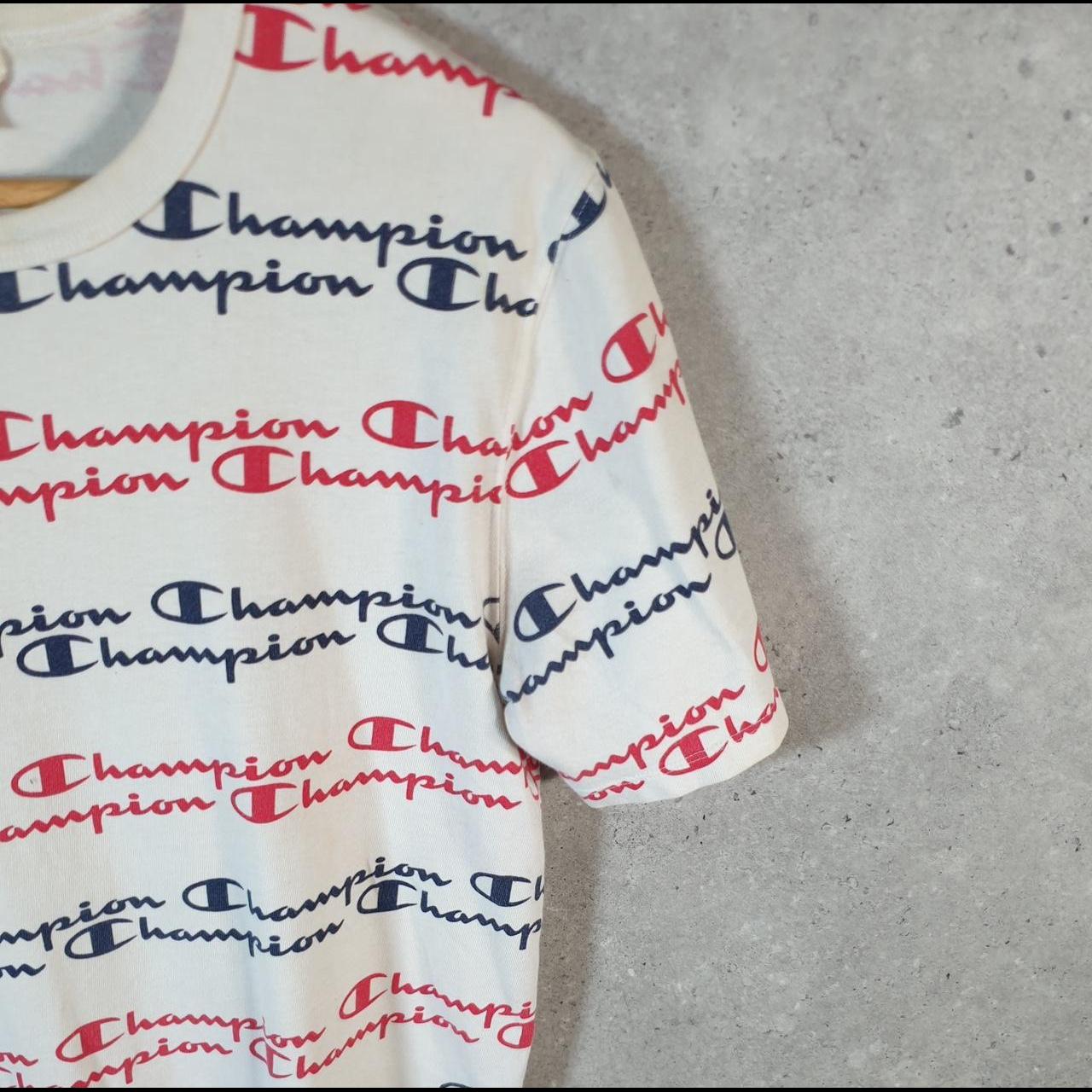 Vintage Champion AOP Spellout Logo T Shirt Mens Small White USA Athletic