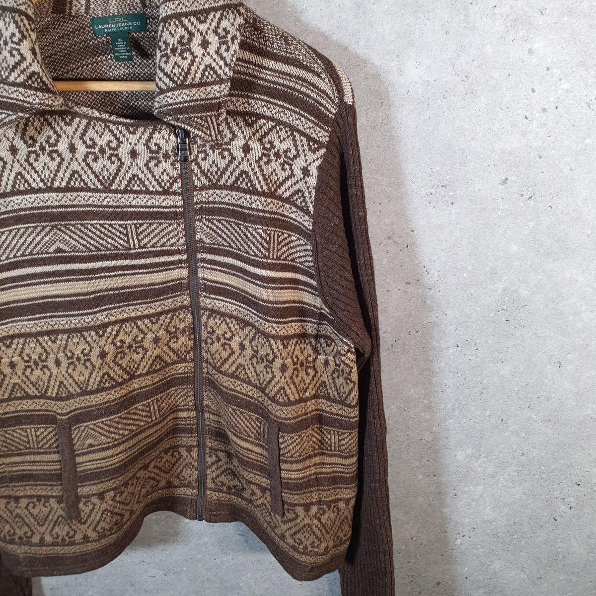 Vintage Ralph Lauren Polo Knit Sweater Womens XL Brown Cotton Full Zip