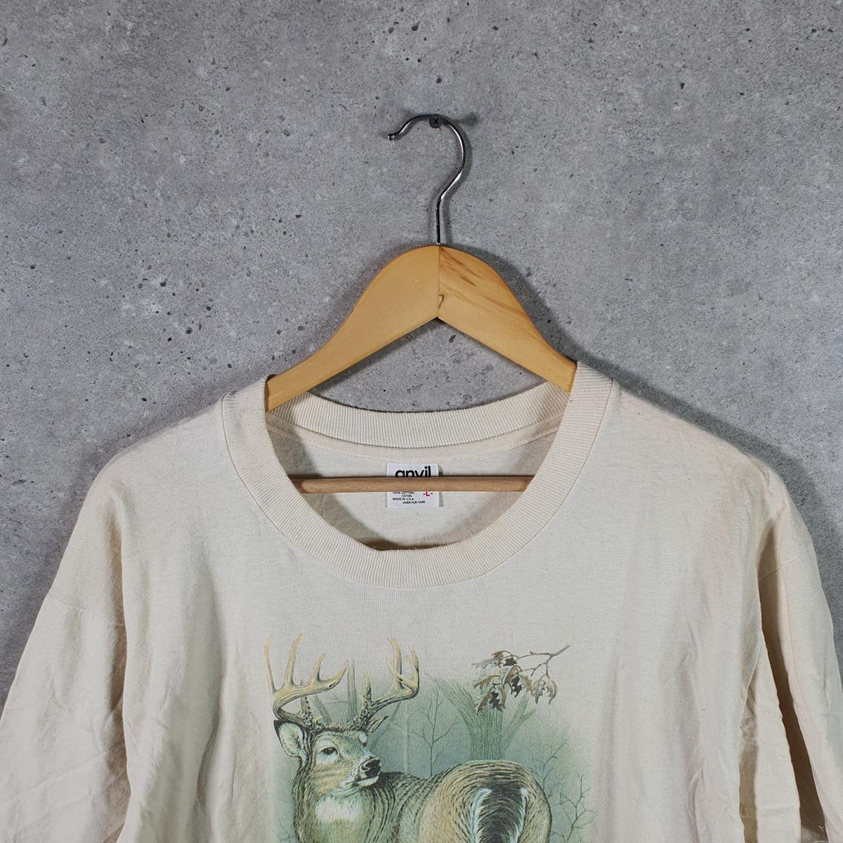 Vintage Anvil USA North American Outfitters 90s USA Single Stitch T Shirt Men’s Large Beige Big Fish Vintage