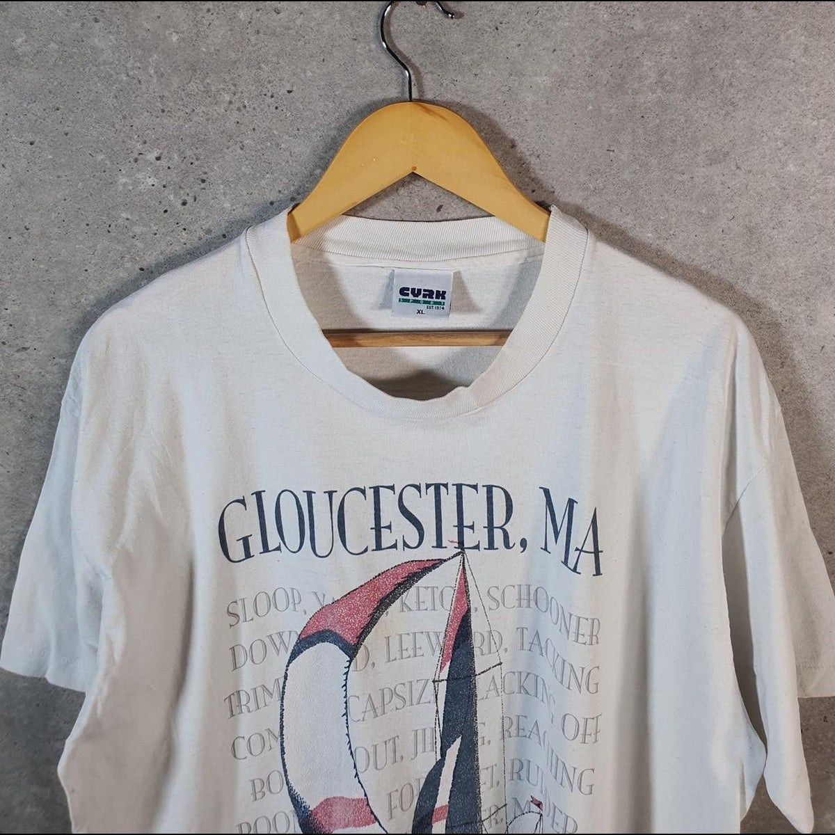 Vintage Curk Gloucester MA Sailing Ship Graphic 90s USA Single Stitch T Shirt Men’s XL White