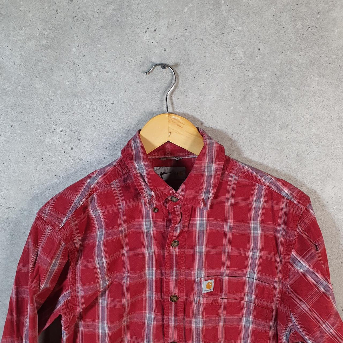 Vintage Carhartt Shirt Button Down Mens Small Red Checkered Chore Utility Relaxed - Big Fish Vintage