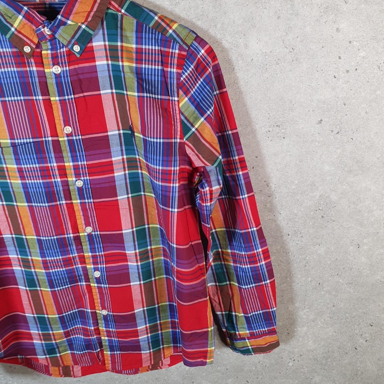 Vintage Ralph Lauren Button Down Shirt Womens L Red Checkered Natural Stretch Pony Cotton