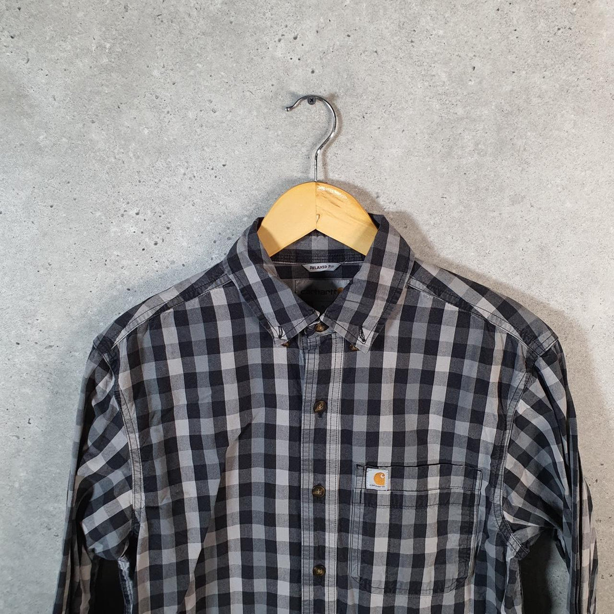 Vintage Carhartt Shirt Button Down Mens Small Grey Checkered Chore Utility Relaxed - Big Fish Vintage