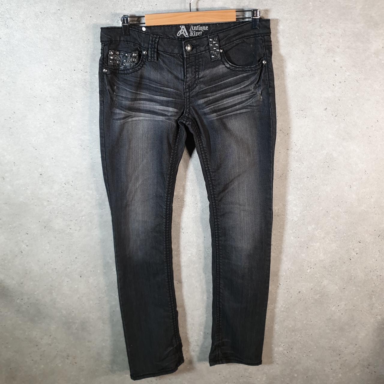 Vintage Antique River Y2K Hip Hop Jeans Mens W32 Grey Denim Embroidered Big Fish Vintage