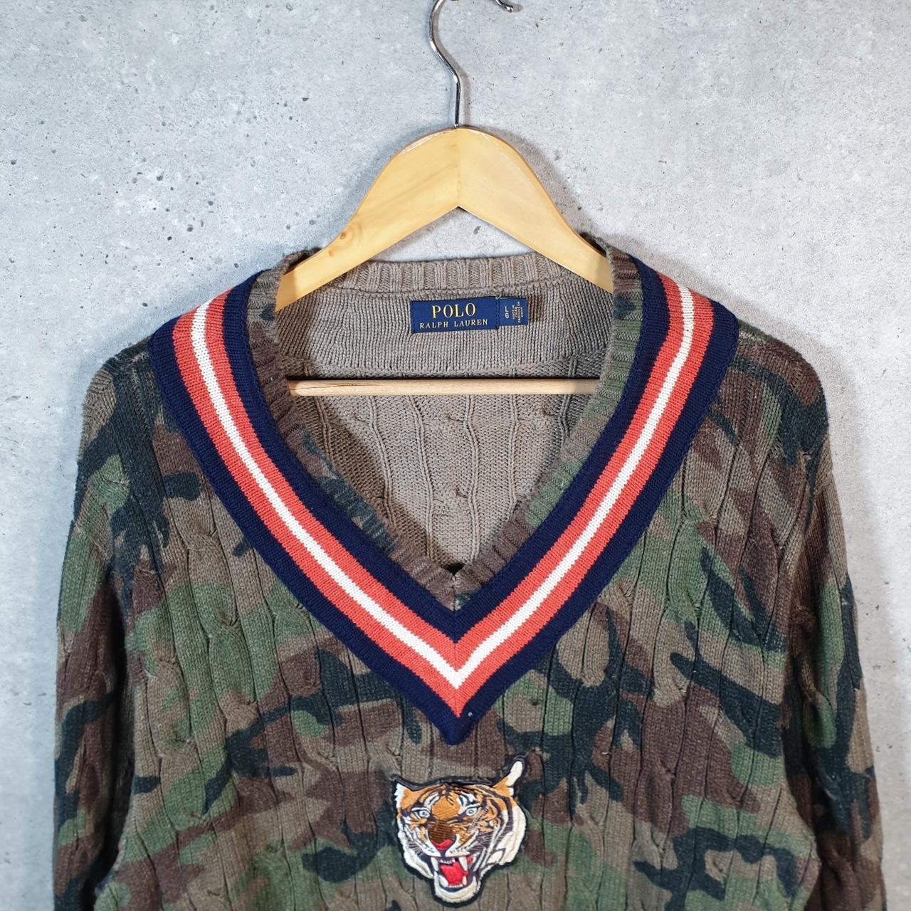 Vintage Ralph Lauren Polo Tiger Knit Cable Heavy Jumper Sweater Men’s Large Camo Pony Big Fish Vintage