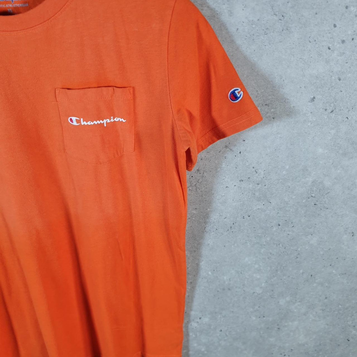 Vintage Champion Embroidered Spellout T Shirt Men’s Small Orange USA Athletic