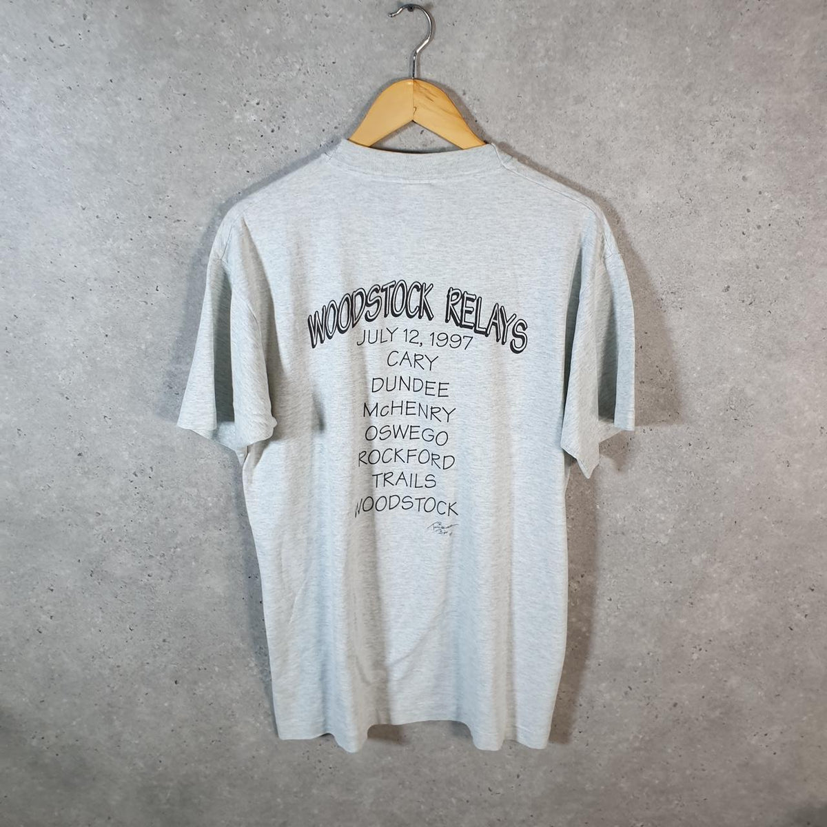 Vintage Fruit of the Loom Best Woodcock Relays 1997 USA Single Stitch T Shirt Men’s Large Grey Big Fish Vintage