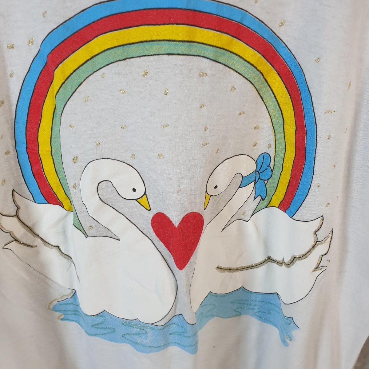 Vintage Rainbow Duck Heart Graphic USA 90s Single Stitch T Shirt Men’s Small White C8920