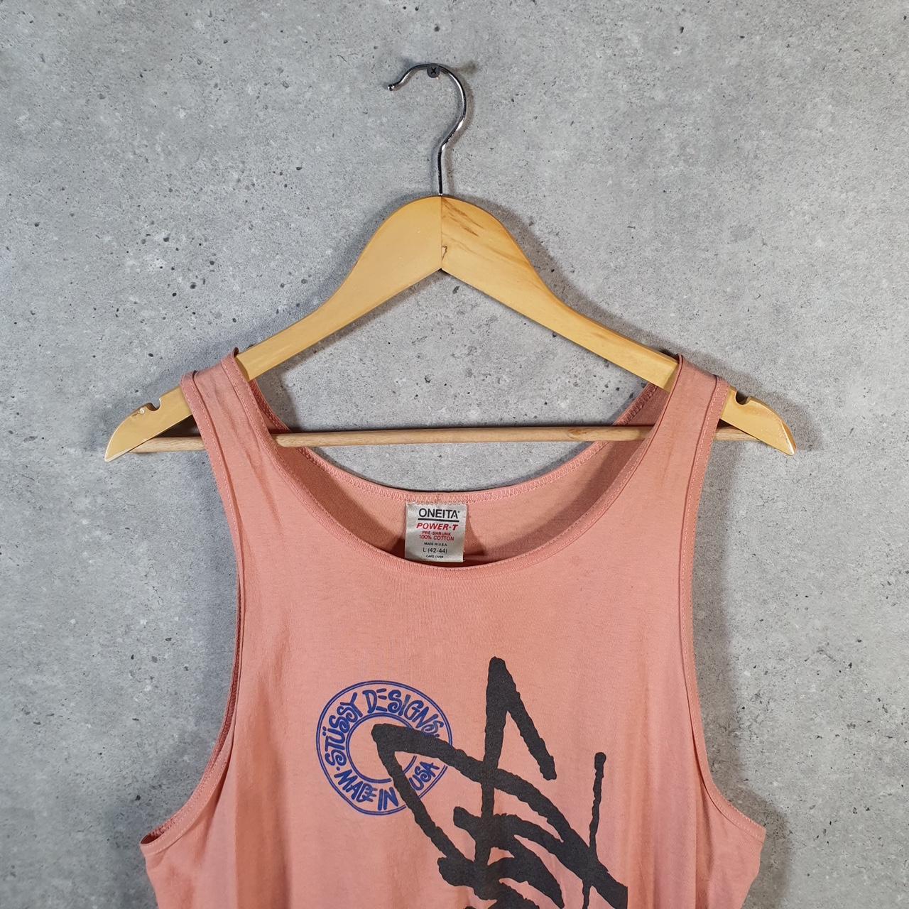 Vintage Stussy Oneita 90s Printed T Shirt Men’s Large Pink Graphic Sleeveless Vest Big Fish Vintage