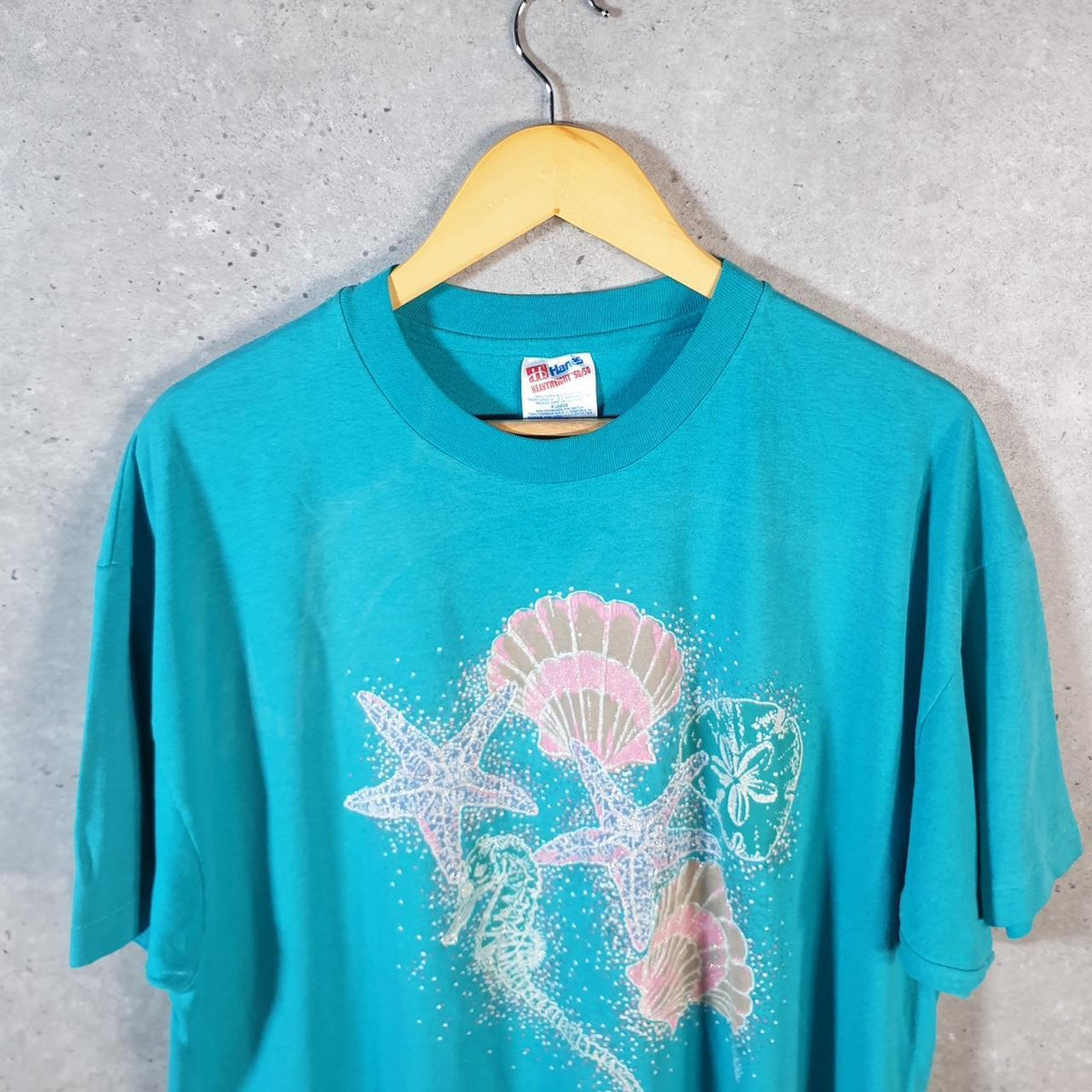 Vintage Hanes Myrtle Beach Seashell StarFish USA Single Stitch T Shirt Men’s XL Blue C8948
