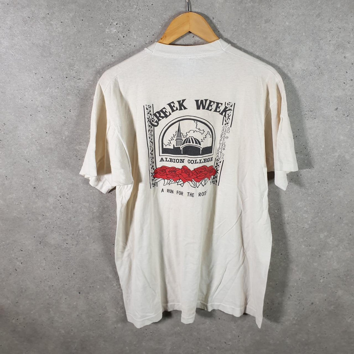 Vintage Greek Week Albion College 1988 Graphic USA Single Stitch T Shirt Men’s Large White Big Fish Vintage