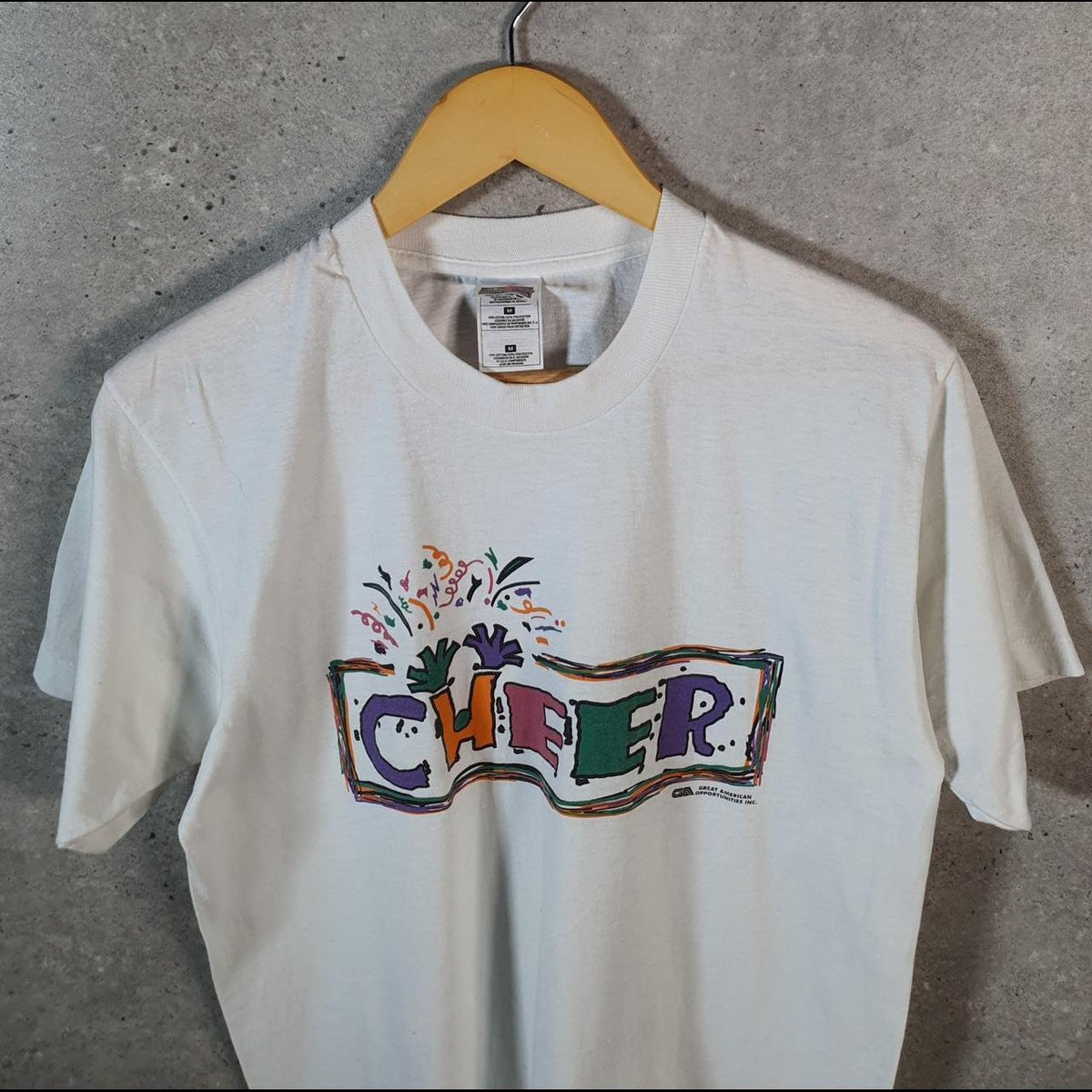 Vintage Fruit of the Loom Cheer USA 90s Graphic Single Stitch T Shirt Men’s Medium White C9470