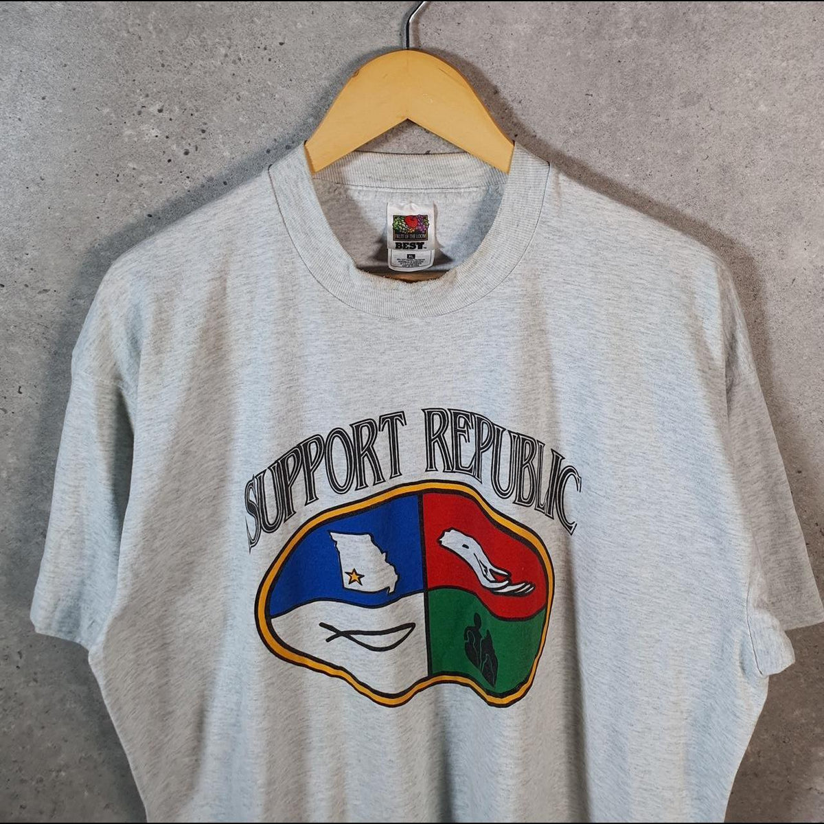 Vintage Fruit of the Loom Support Republic 90s USA Single Stitch T Shirt Men’s XL Grey C9492