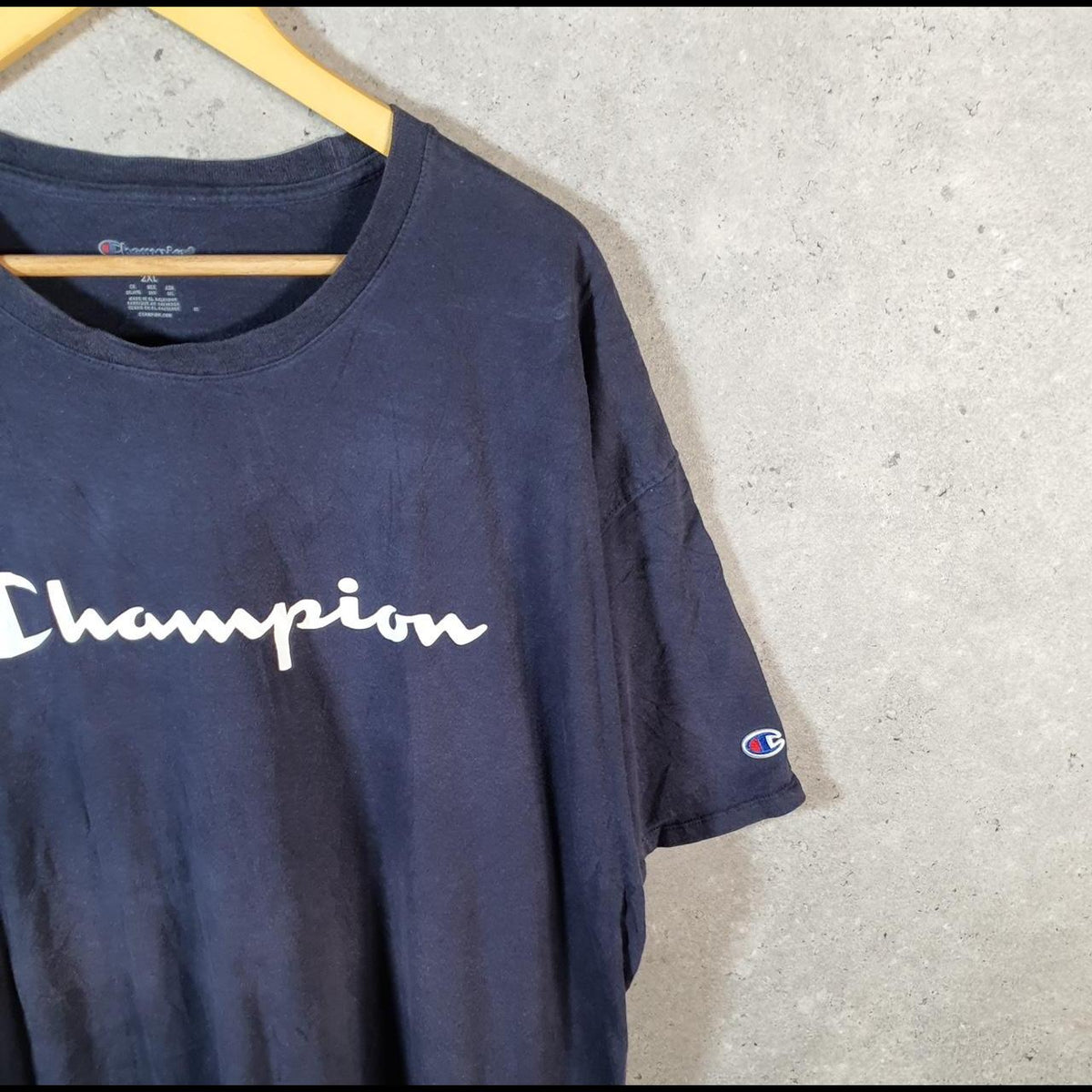 Vintage Champion Spellout Embroidered T Shirt Men’s 2XL Navy Blue Casual Blank Athletic