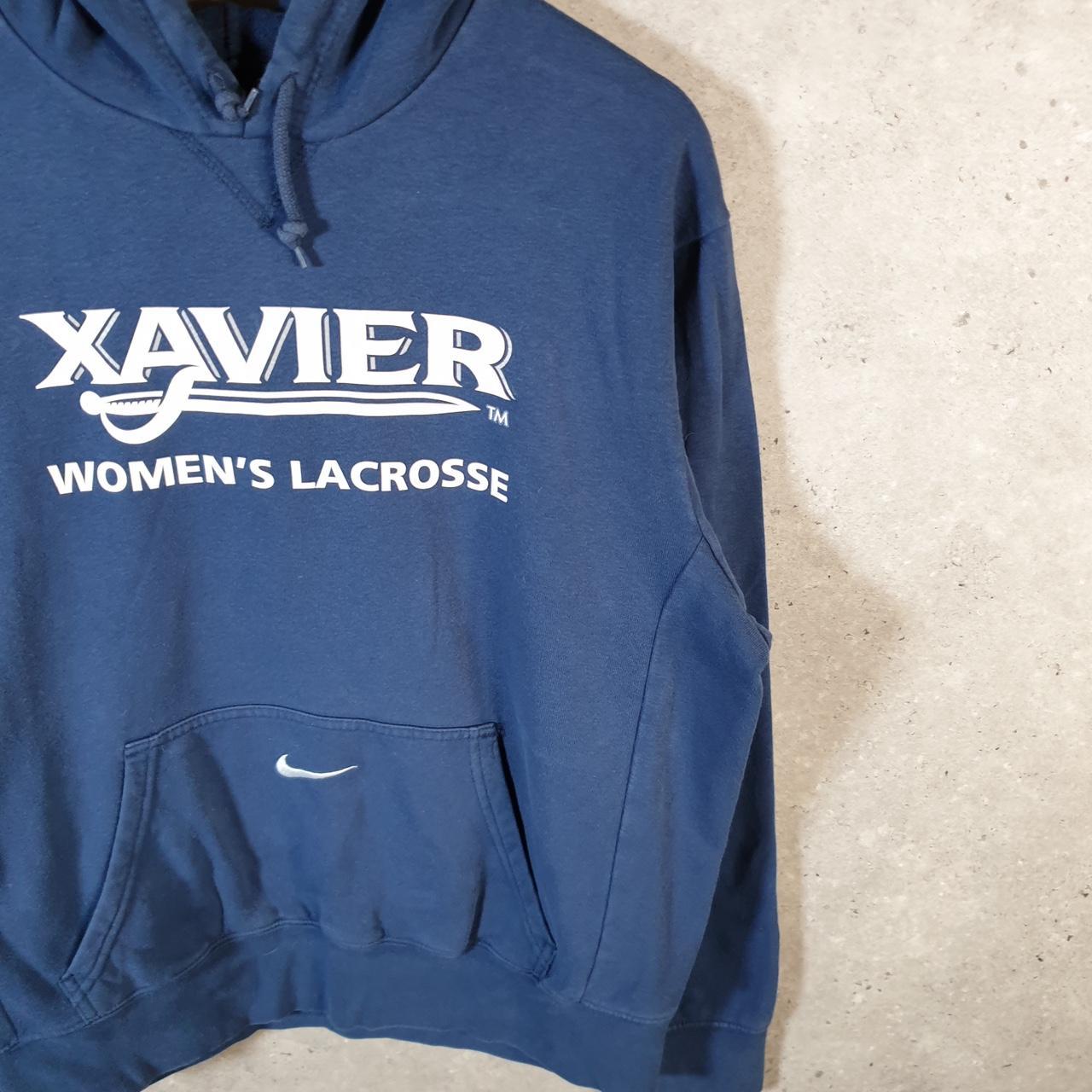 Vintage Nike Centre Swoosh Xavier Lacrosse Hoodie Men’s Small Navy Blue Swoosh Y2K