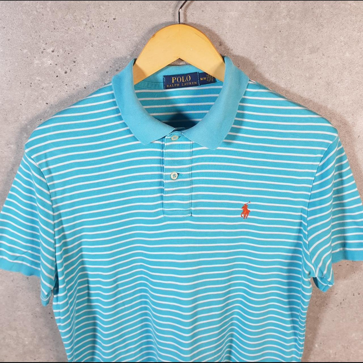 Vintage Ralph Lauren Polo Shirt Men’s Medium Blue Striped Cotton Pony C9688