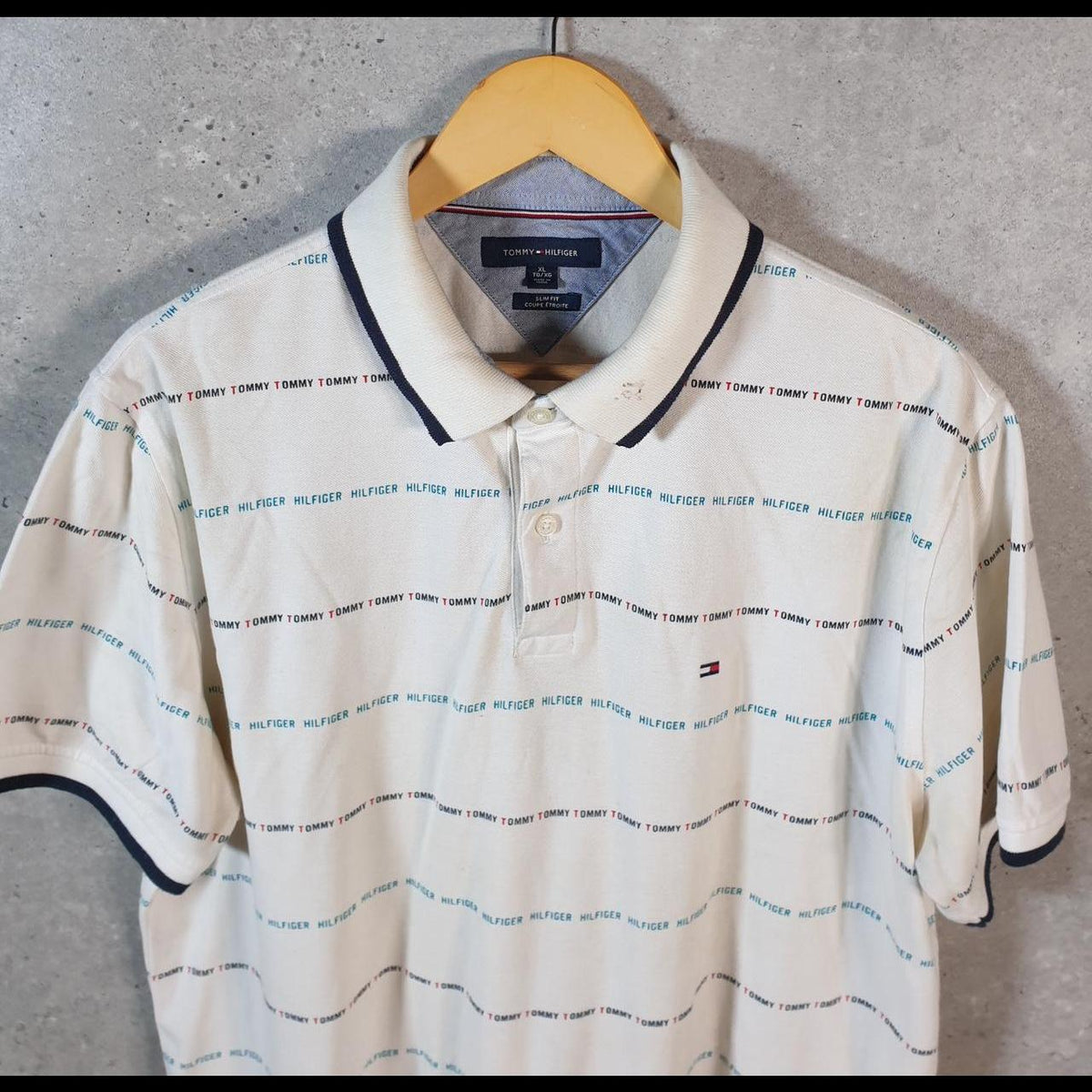 Vintage Tommy Hilfiger Polo Shirt Men’s XL White Striped Slim Fit Embroidered Logo C9596