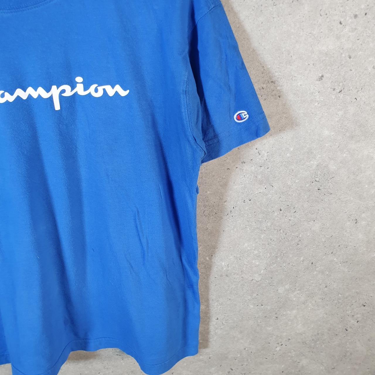 Vintage Champion Spellout Logo T Shirt Mens Small Blue USA Athletic