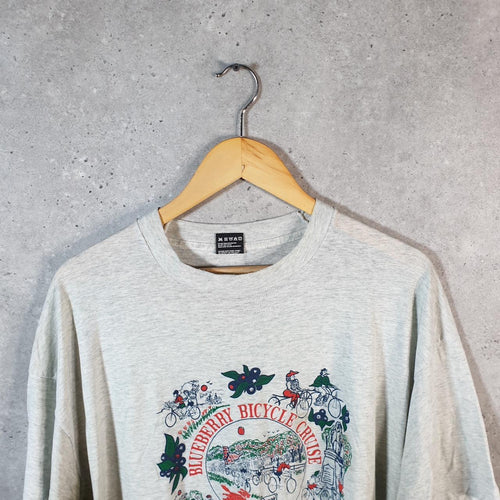 Vintage Best Fruit of the Loom Blueberry Bicycle Plymouth Indiana USA Single Stitch T Shirt Men’s 2XL Grey - Big Fish Vintage