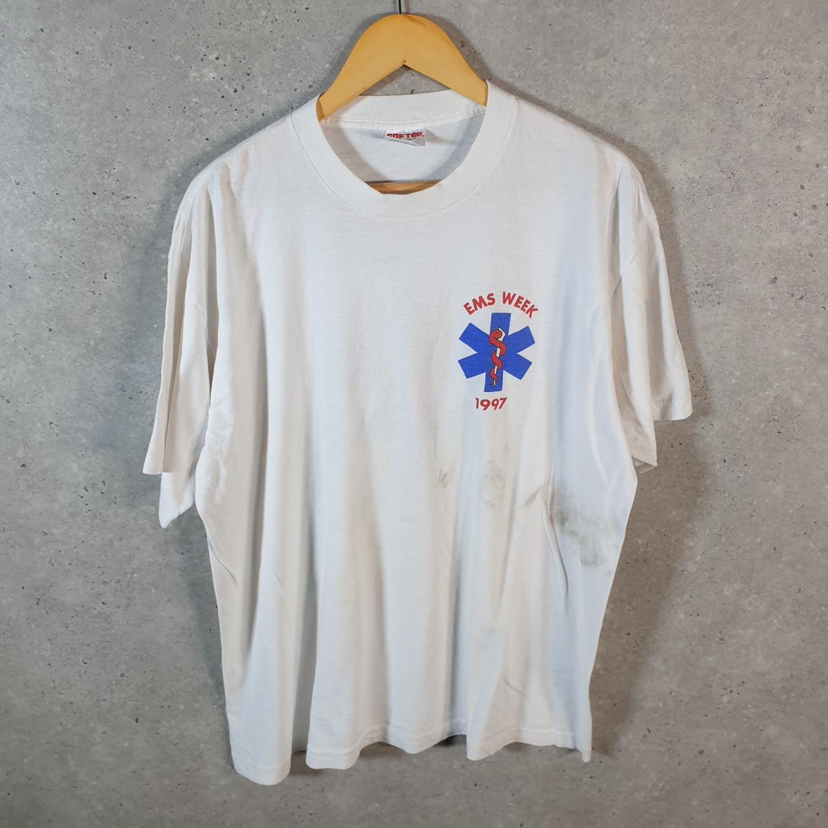 Vintage Sof Tee TeeJays EMS Week 1997 USA Single Stitch T Shirt Men’s XL White C8936