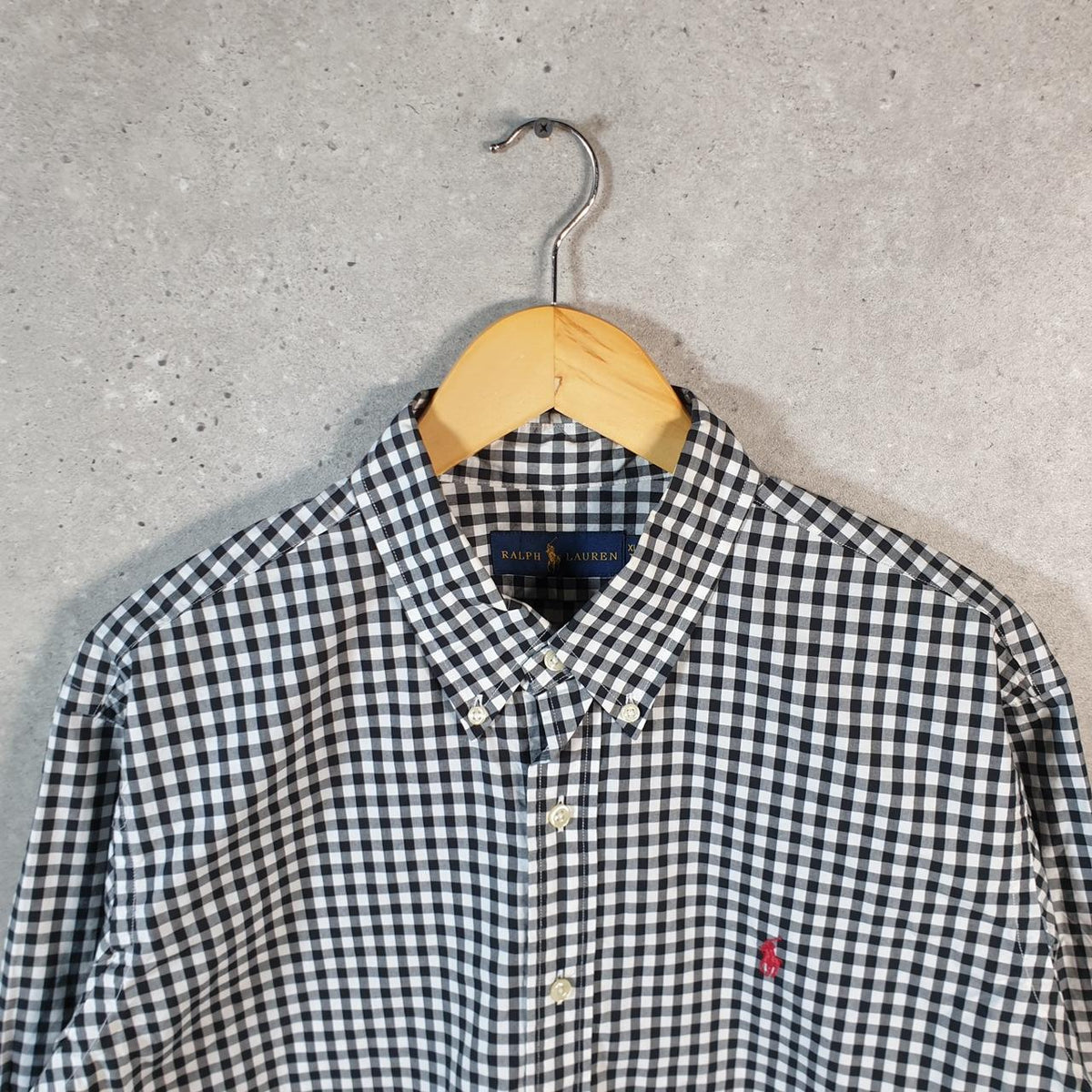 Vintage Ralph Lauren Button Down Shirt Men’s XL Grey Checkered Custom Fit Pony Cotton Big Fish Vintage