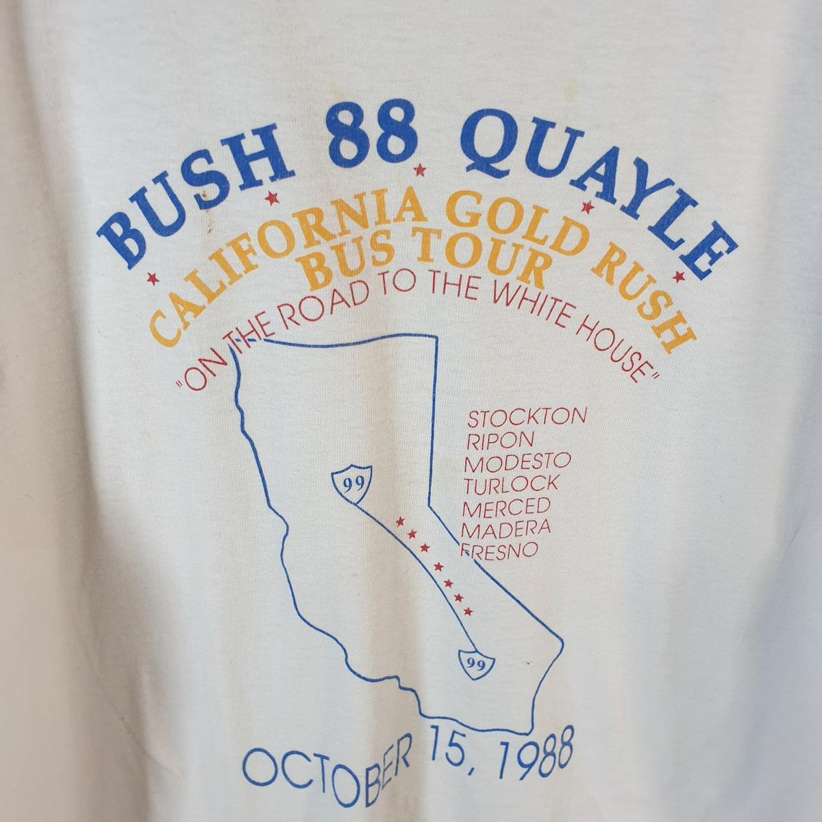 Vintage Fruit Of The Loom 1988 Bush Quayle California Gold Rush USA Single Stitch T Shirt Men’s Large White