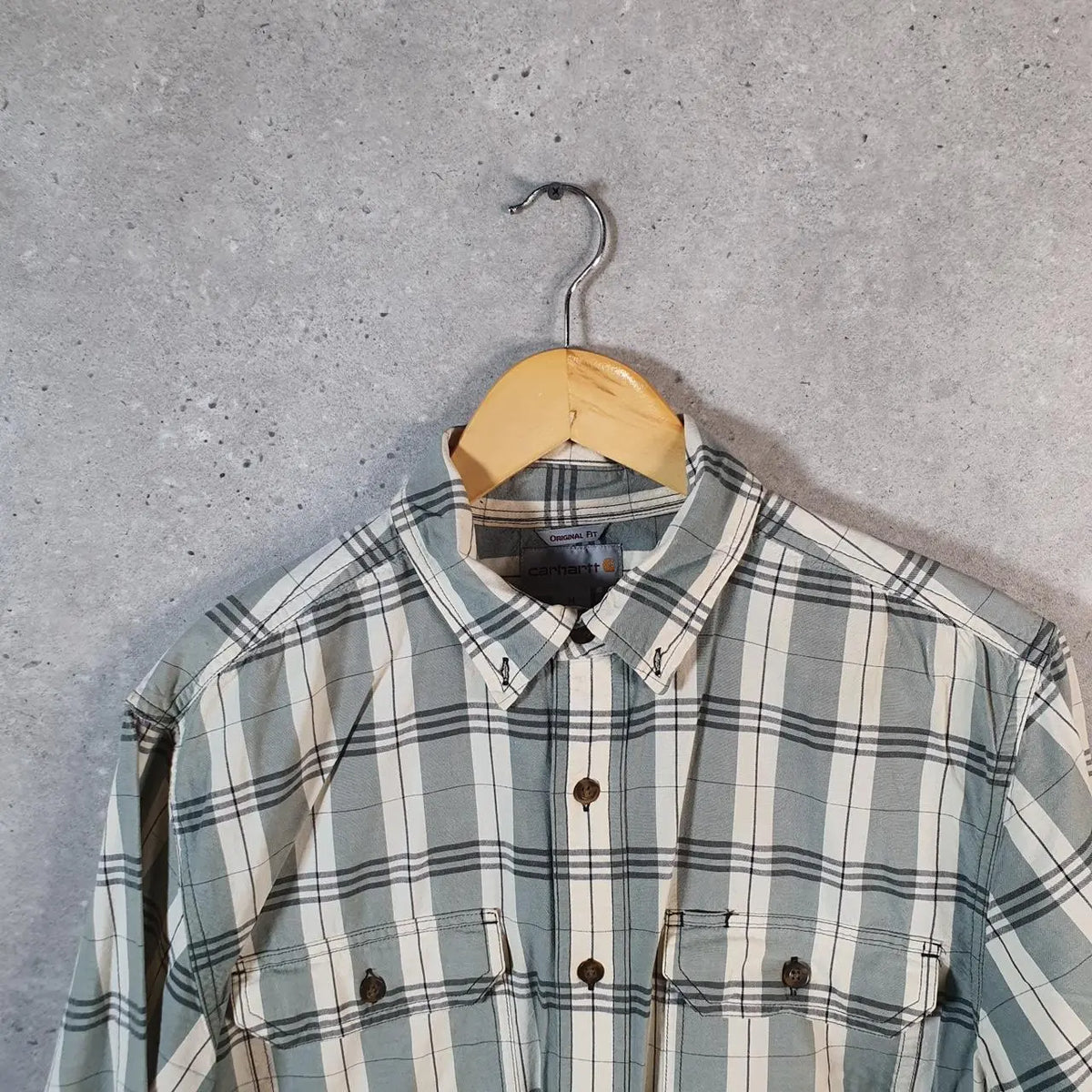 Vintage Carhartt Shirt Button Down Mens Medium Blue Checkered Chore Utility Original - Big Fish Vintage