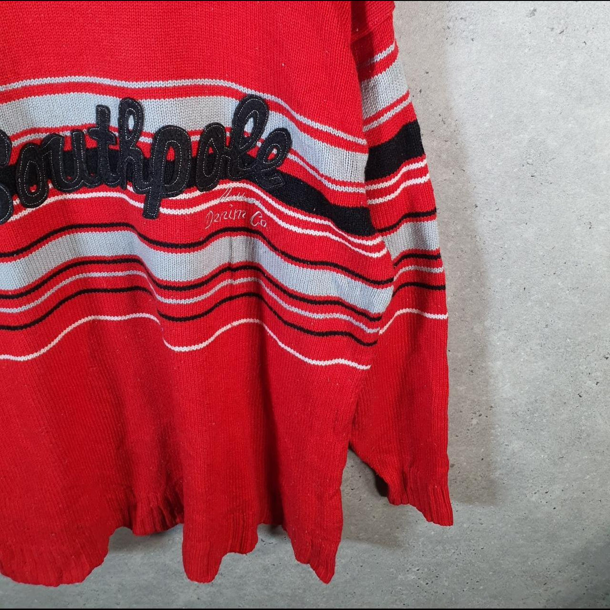 Vintage SouthPole Y2K Spellout Knit Sweater Jumper Mens XL Red Striped Pullover Hip Hop