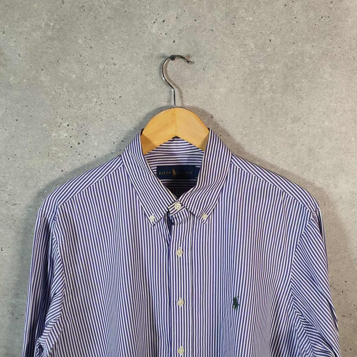 Vintage Ralph Lauren Button Down Shirt Men’s Large Purple Striped Classic Fit Cotton Pony Big Fish Vintage
