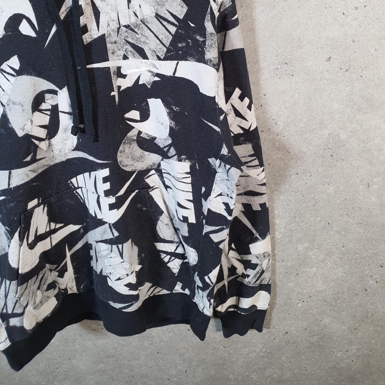 Vintage Nike Club All Over Print Hoodie Womens Large Black Swoosh Y2K Pullover Logo