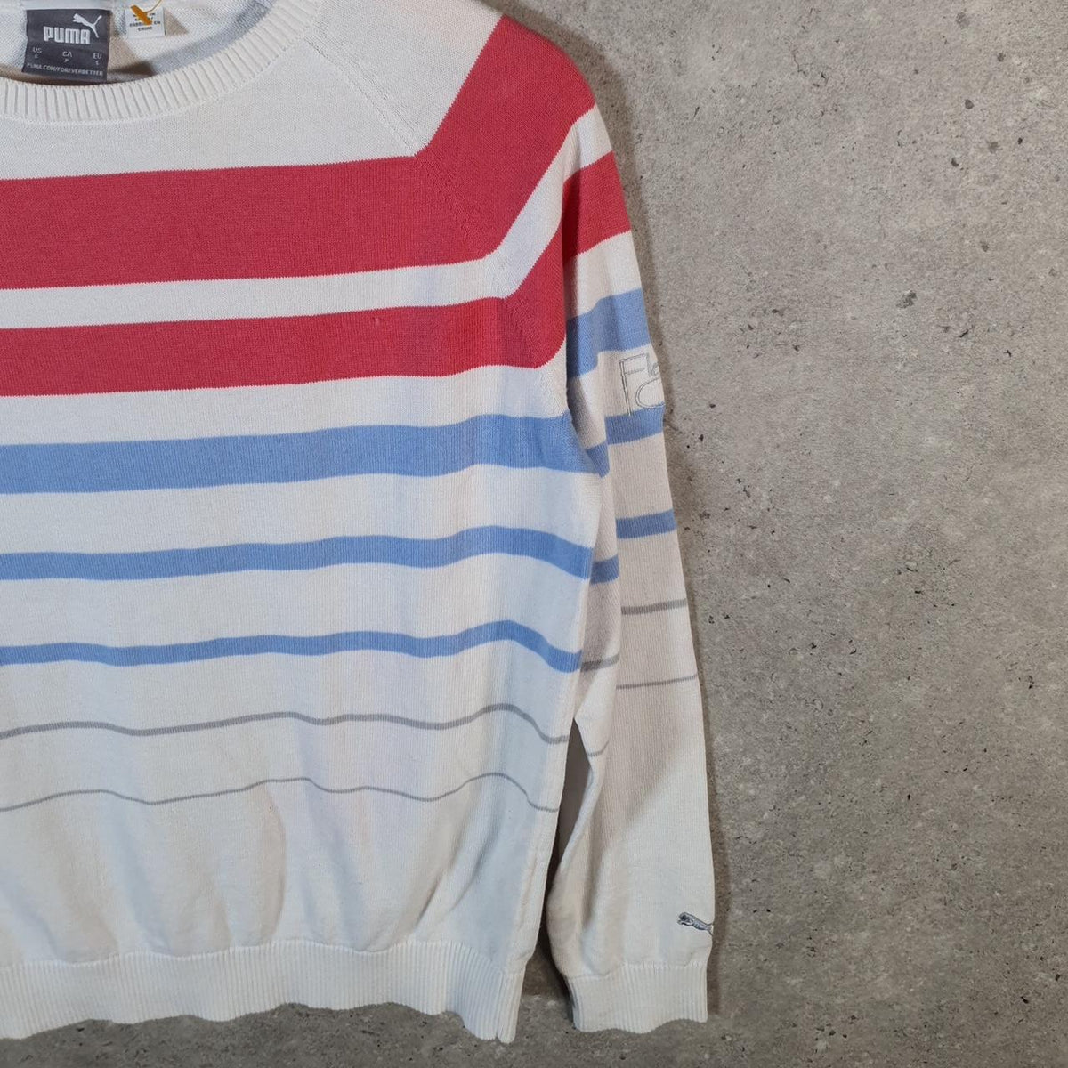 Vintage Puma Knit Sweater Womens Small White Striped Y2K Pullover