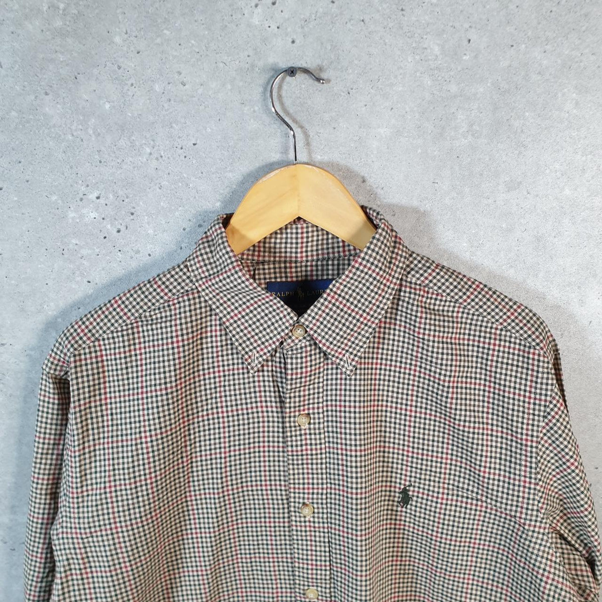 Vintage Ralph Lauren Button Down Shirt Men’s Large Green Checkered Classic Fit Cotton Pony Big Fish Vintage