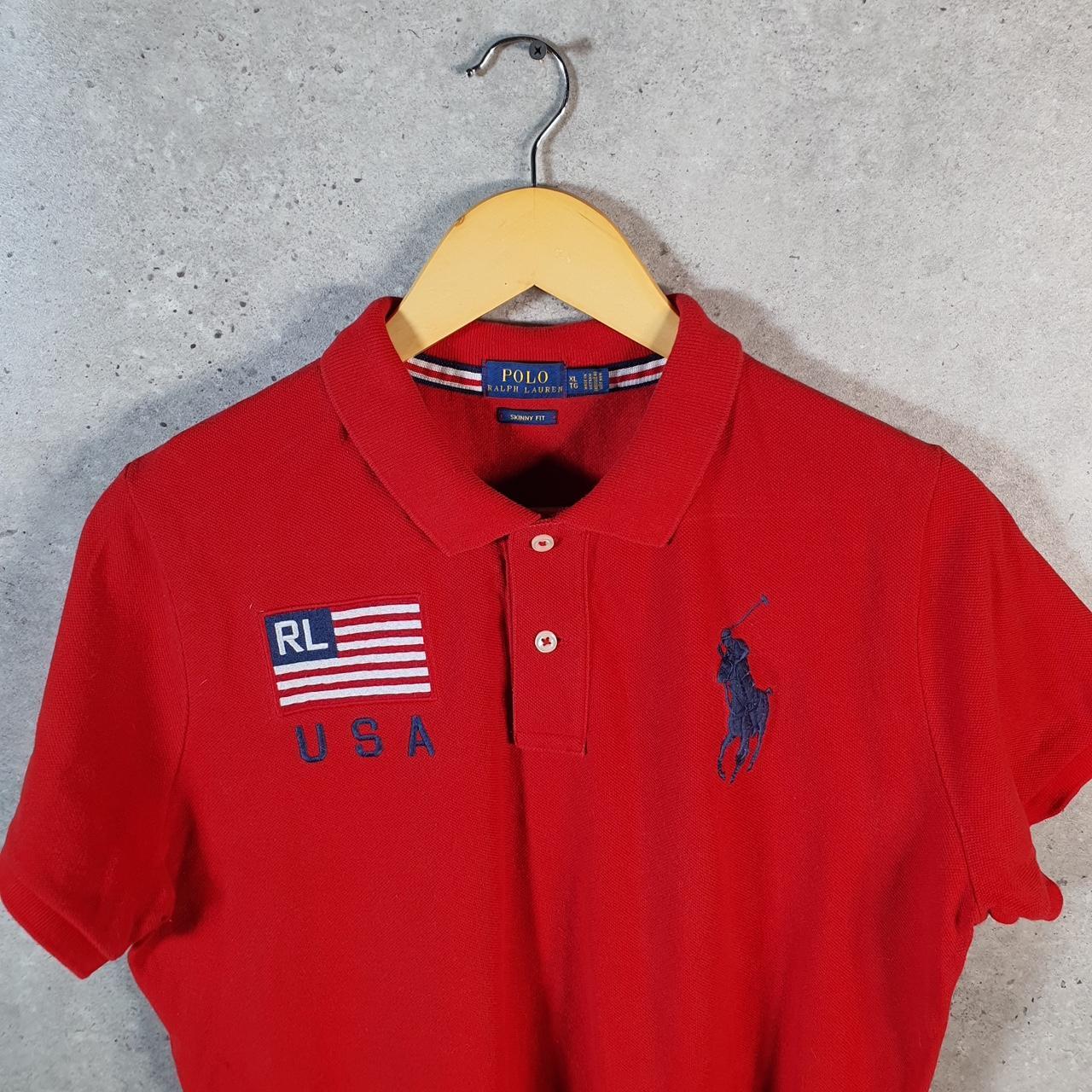 Vintage Ralph Lauren Polo USA Flag Polo Shirt Men’s XL Red Skinny Cotton Pony C9767