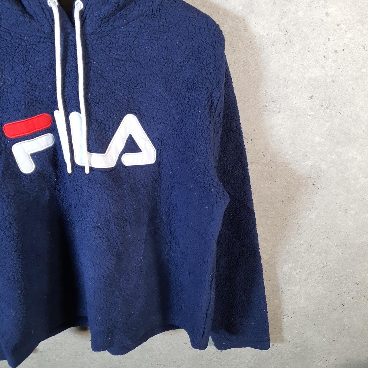 Vintage Fila Pullover Fleece Hoodie Womens Large Navy Blue Teddy Logo