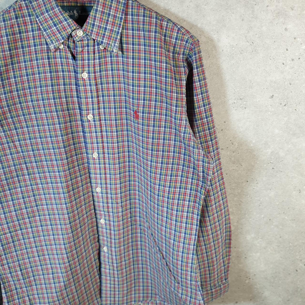Vintage Ralph Lauren Button Down Shirt Men’s Medium Blue Checkered Custom Cotton Pony