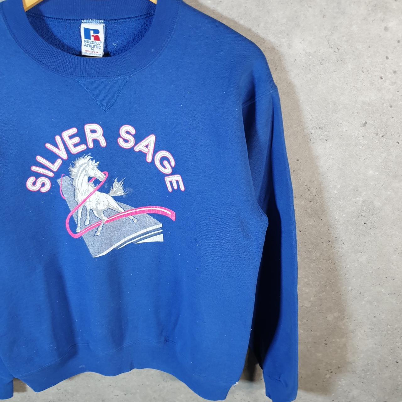 Vintage Russell Athletic Sweatshirt Womens Medium Blue USA Silver Sage Unicorn