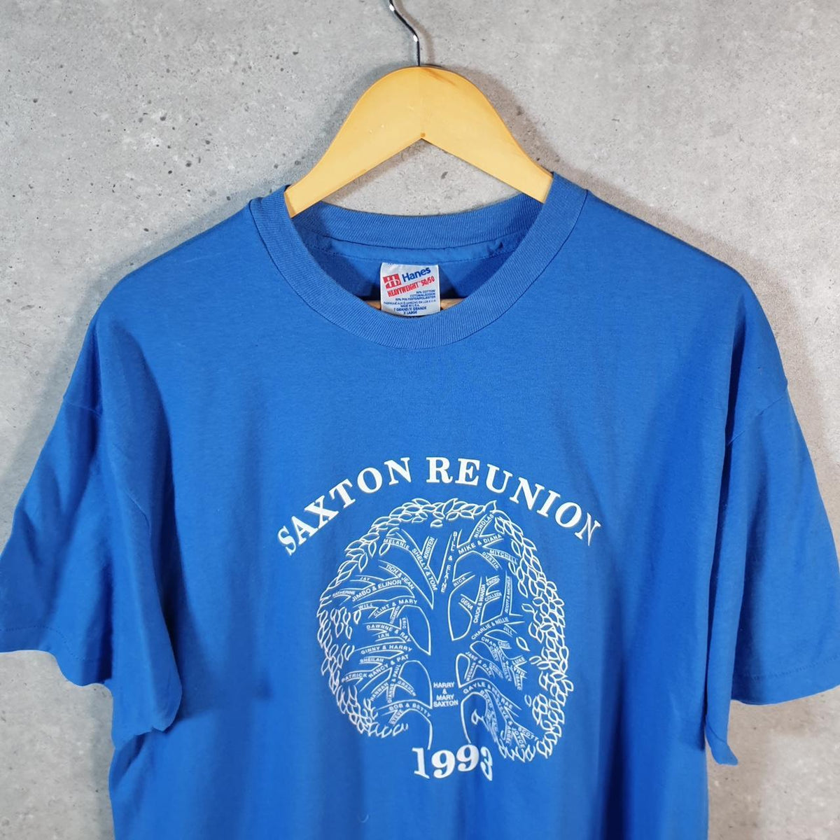Vintage Hanes Saxon Reunion 1993 USA Single Stitch T Shirt Men’s XL Blue C8739