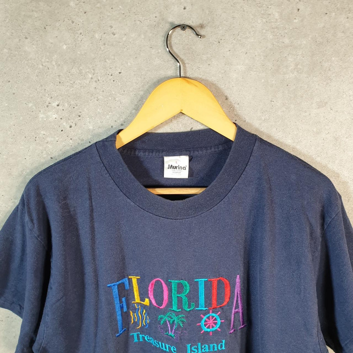 Vintage Murina Florida Treasure Island Embroidered 90s USA Single Stitch T Shirt Womens Large Blue