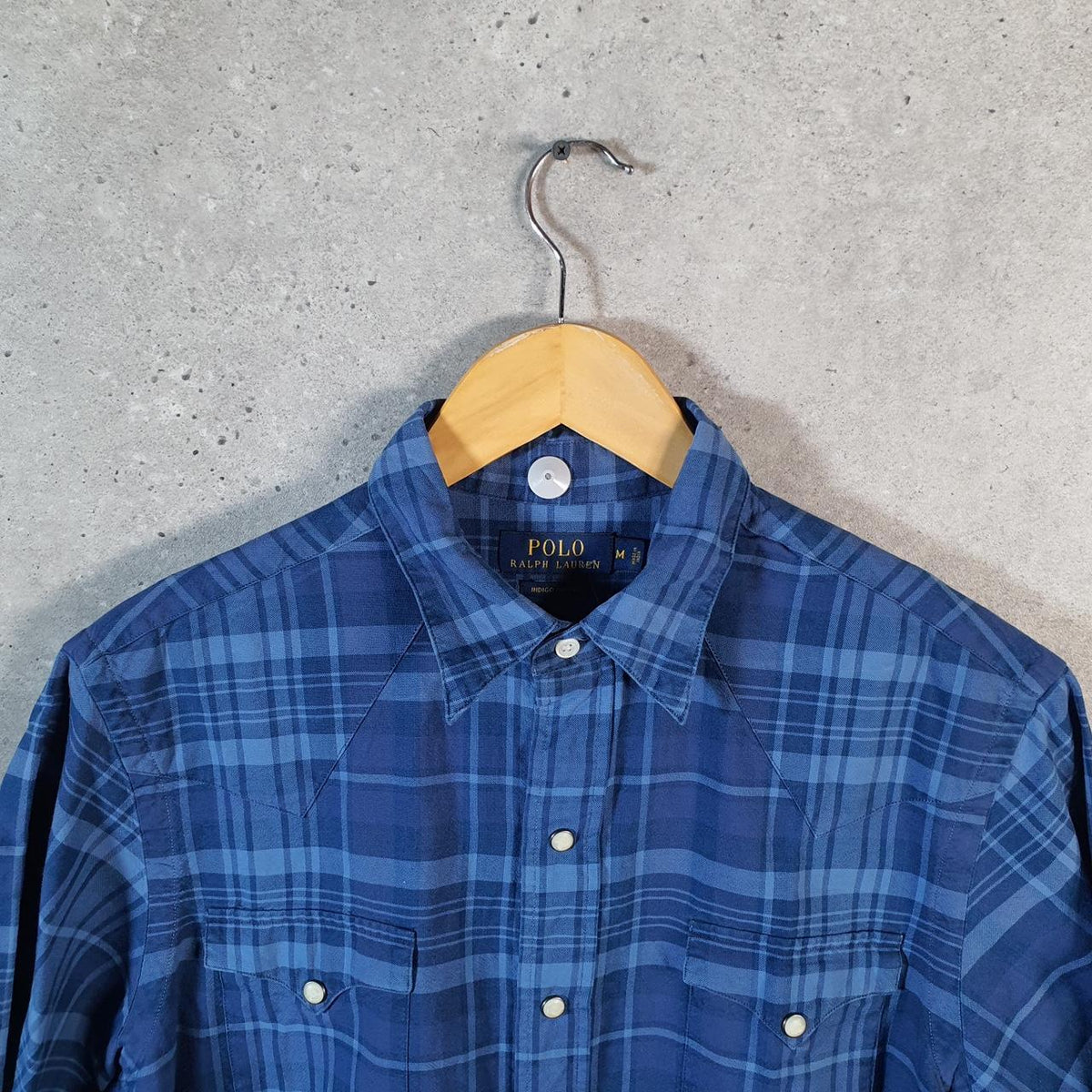 Vintage Ralph Lauren Button Down Shirt Men’s Medium Blue Checkered Indigo Oxford Fit Cotton Pocket Big Fish Vintage