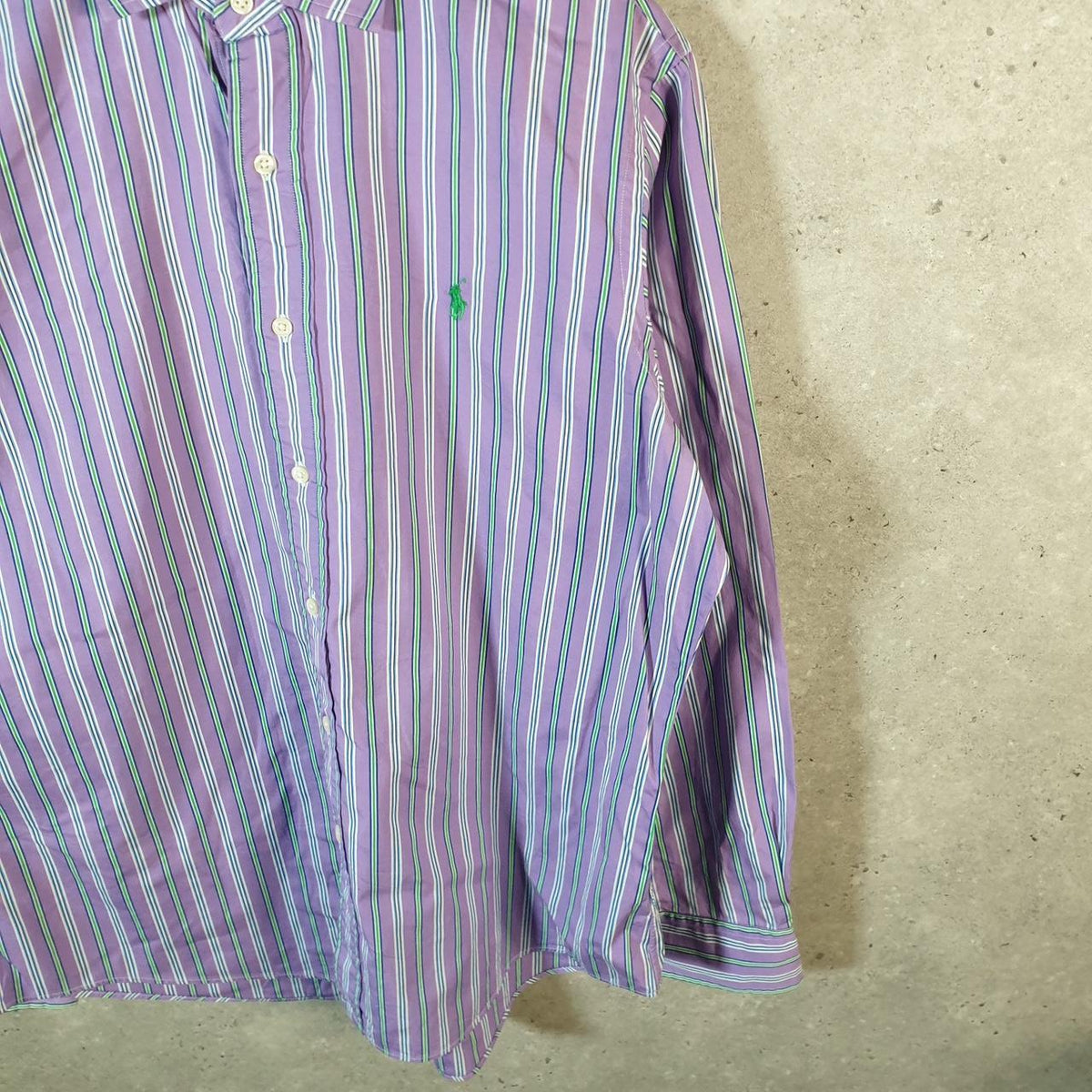 Vintage Ralph Lauren Button Down Shirt Men’s Large Purple Striped Cotton Pony