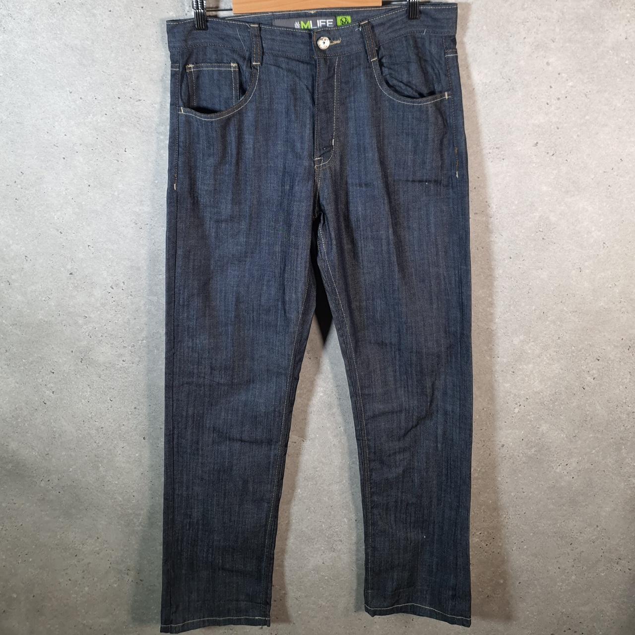 Vintage Mlife Baggy Y2K Hip Hop Jeans Mens W34 32 Blue Embroidered Denim Big Fish Vintage