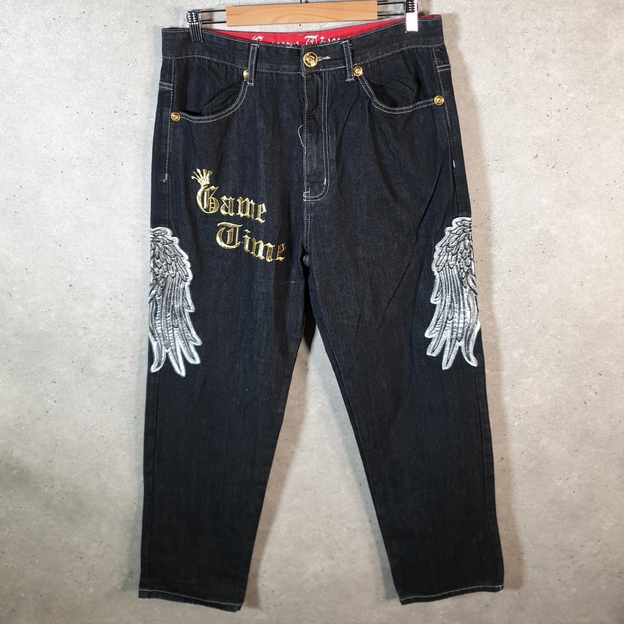Vintage Game Time Baggy Y2K Hip Hop Jeans Mens W34 L30 Blue Denim Skulls Big Fish Vintage